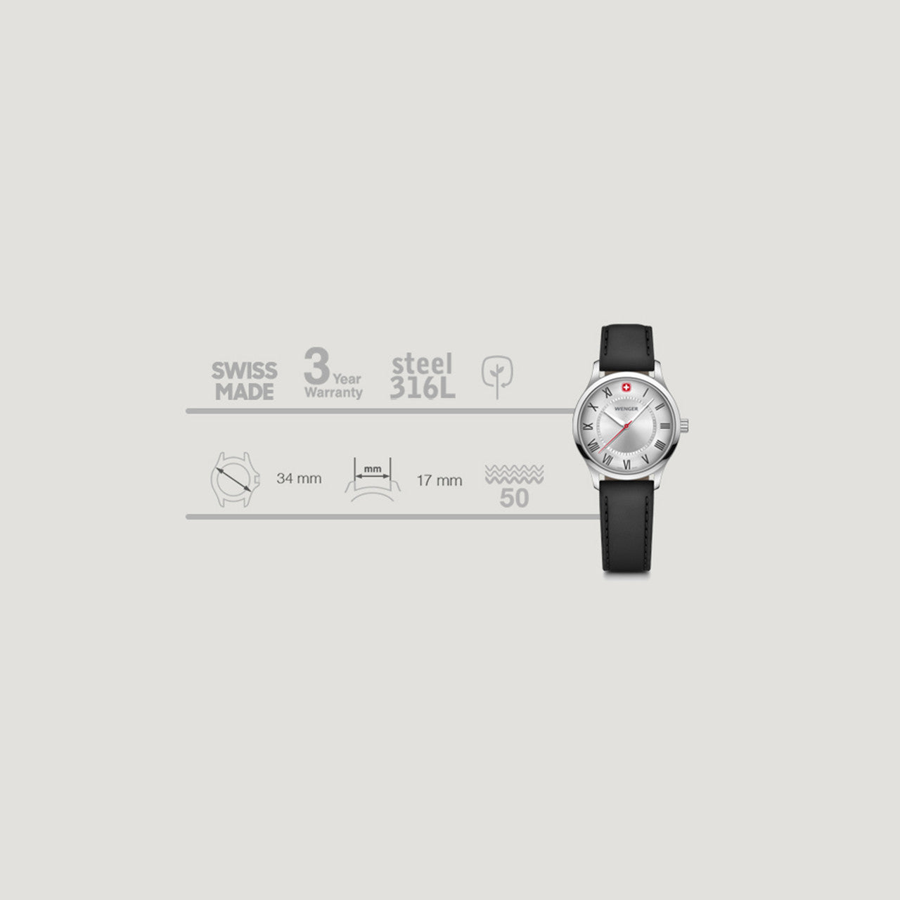 City Classic, Silver Dial, Black Leather Strap 34 mm