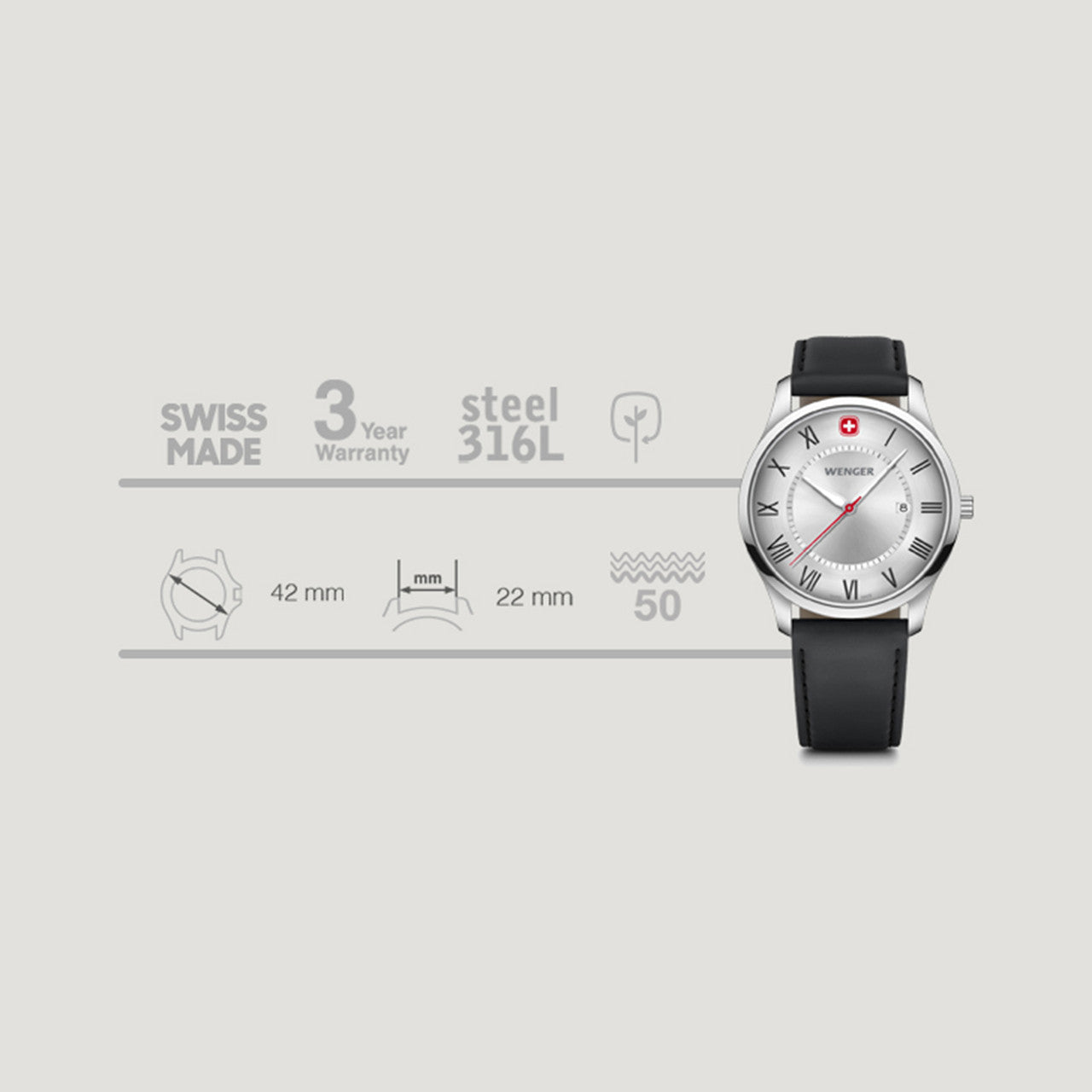 City Classic, Silver Dial, Black Leather Strap 42 mm