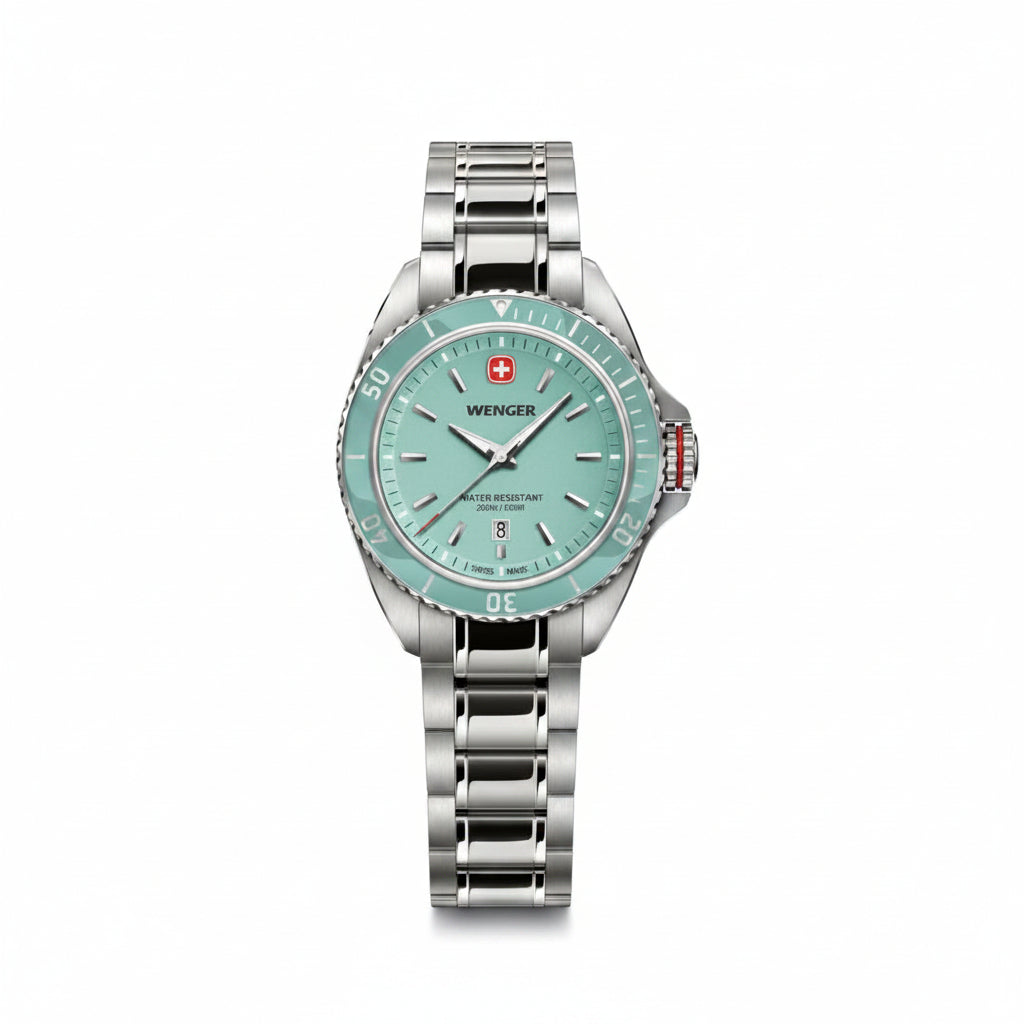 W Wenger watch with turquoise dial and silver bracelet on white background