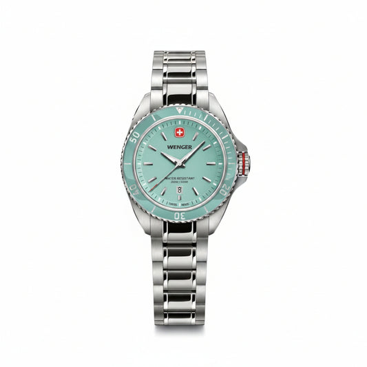 W Wenger watch with turquoise dial and silver bracelet on white background