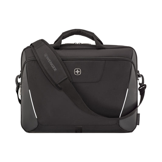 Black laptop bag with shoulder strap on a white background