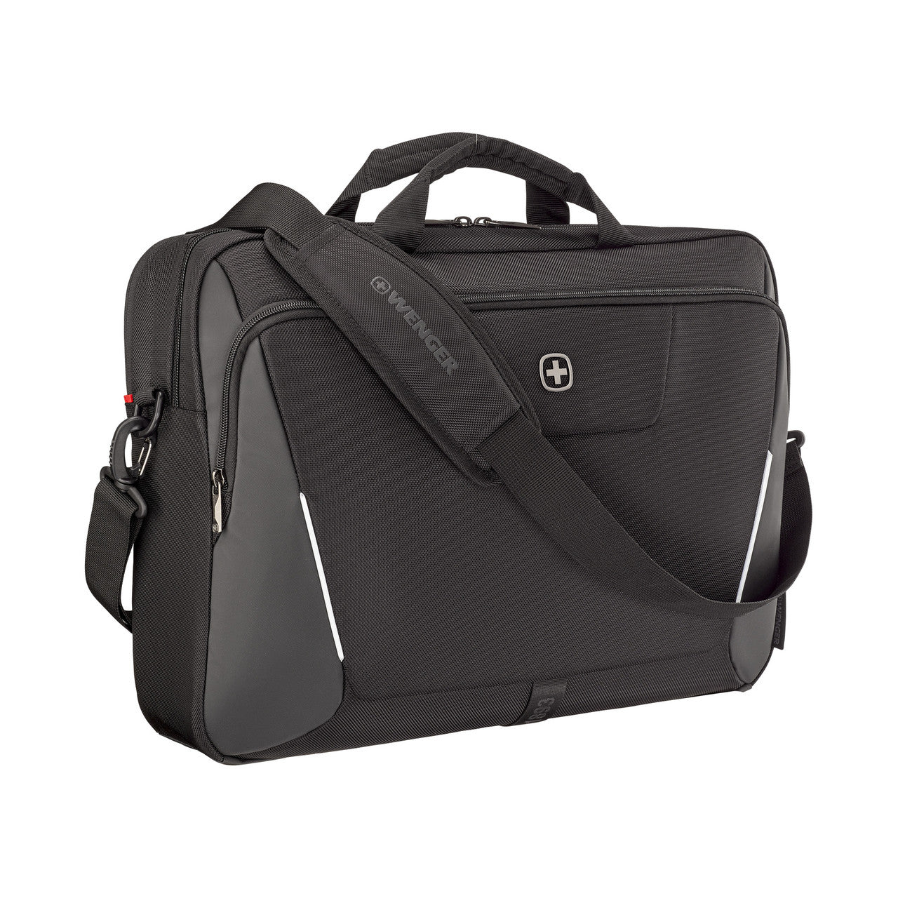 Black briefcase with shoulder strap on a white background