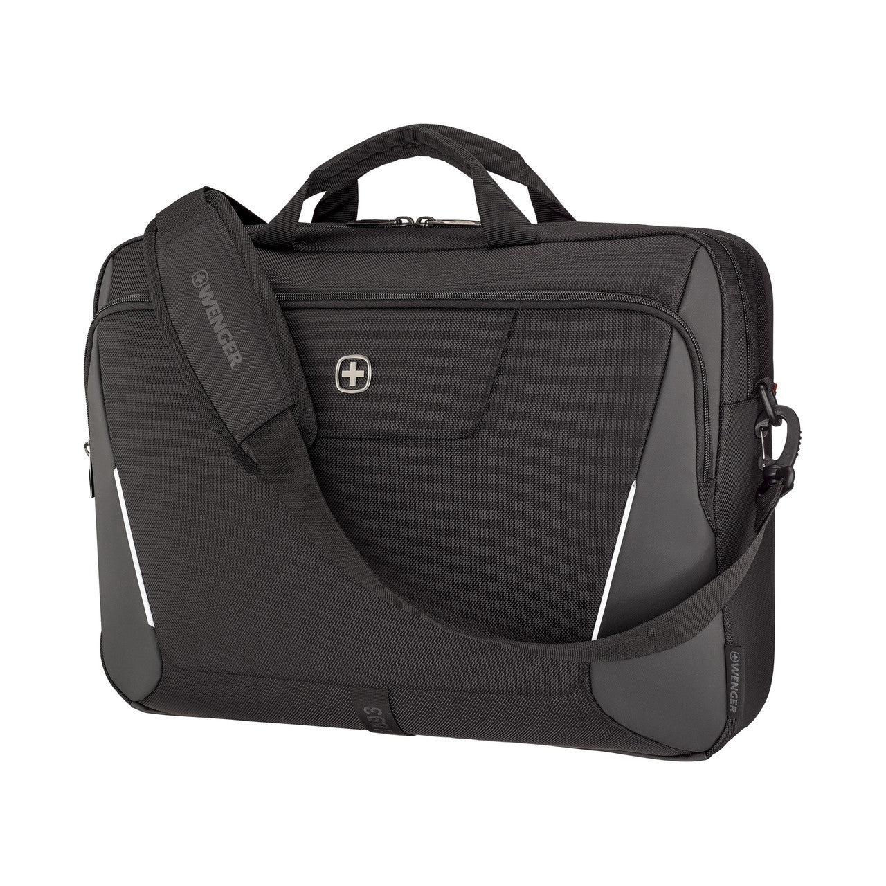 Black briefcase with shoulder strap on a white background