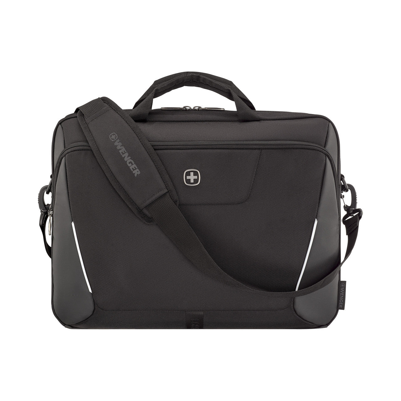Black laptop bag with shoulder strap on a white background