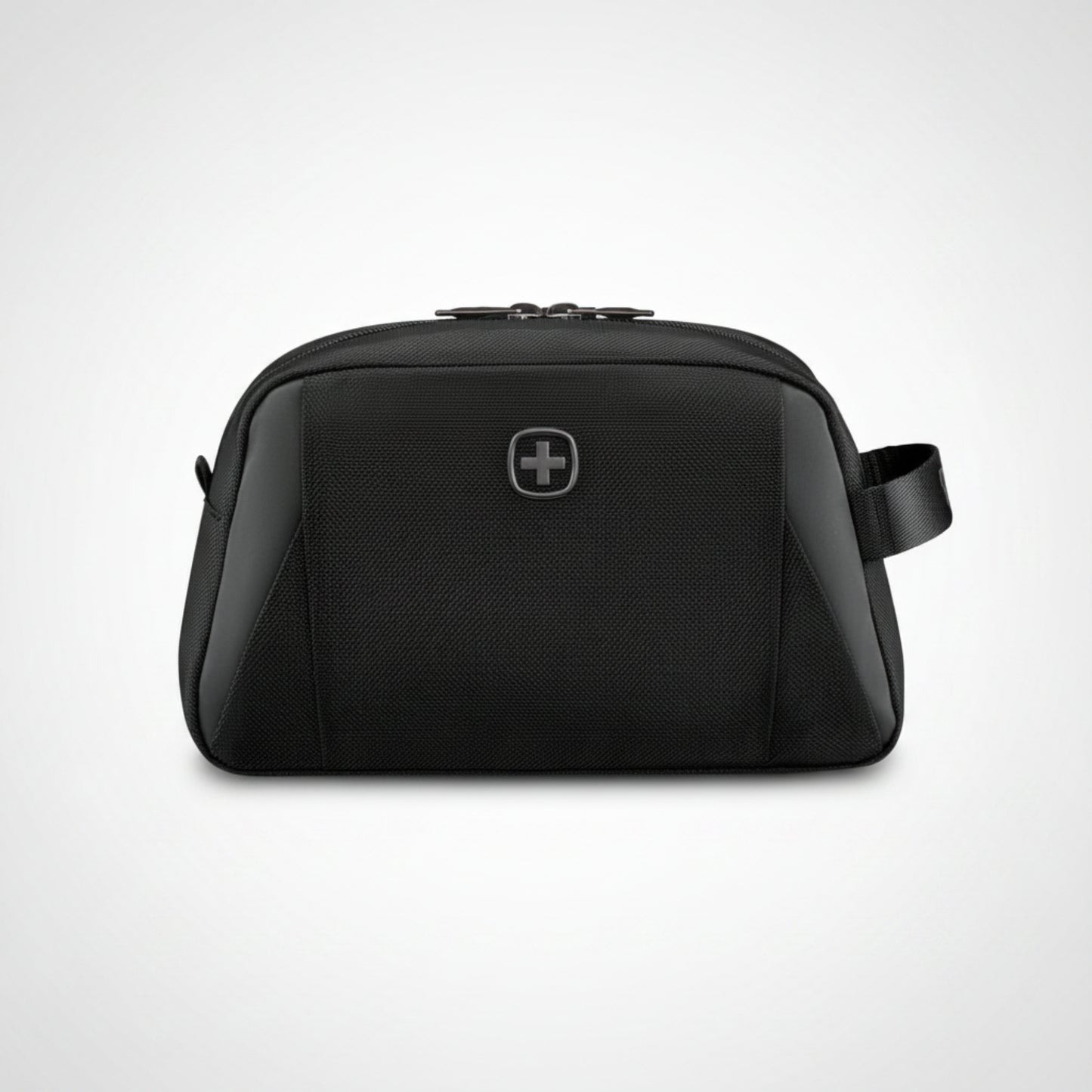 Black toiletry bag with a brand logo on a white background