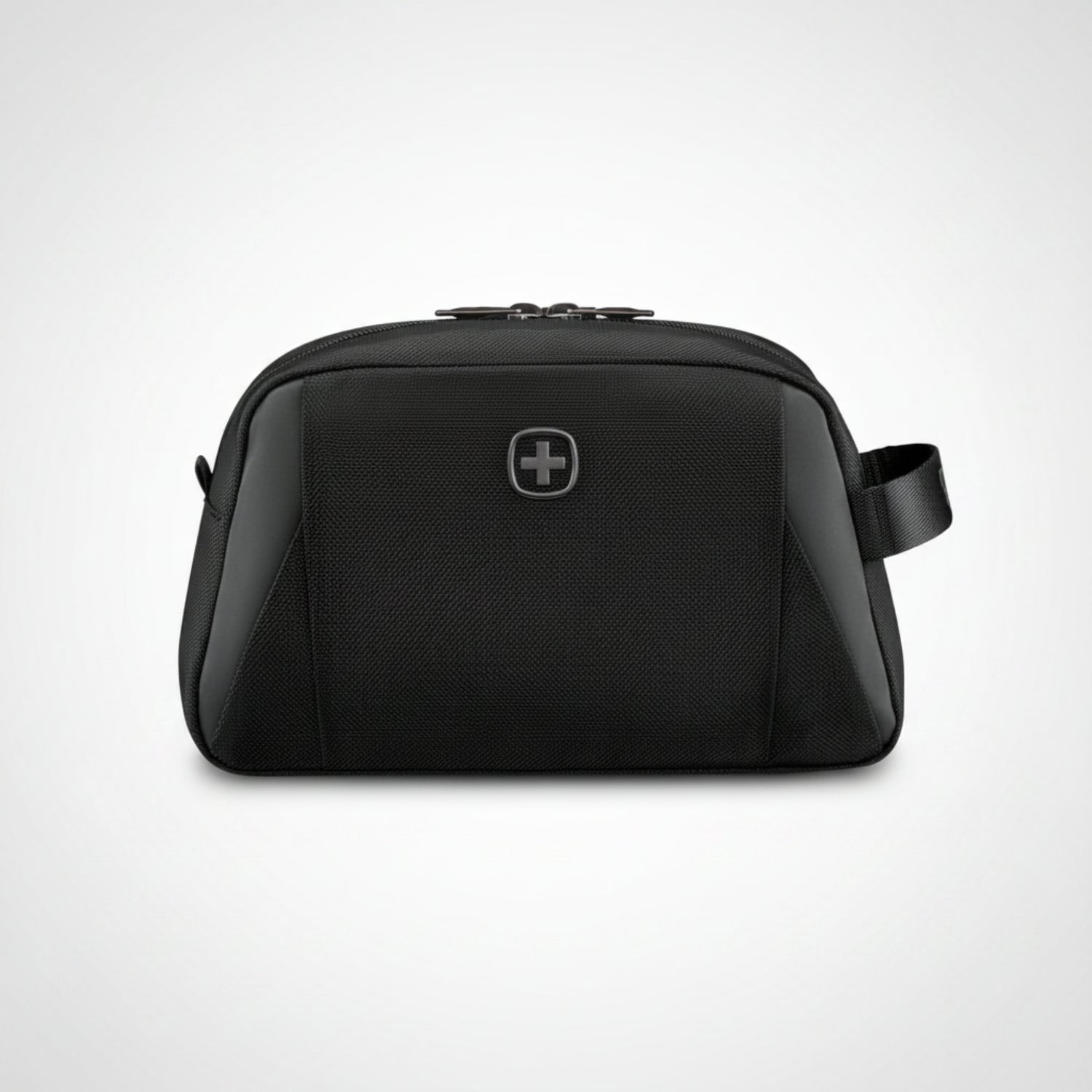 Black toiletry bag with a brand logo on a white background