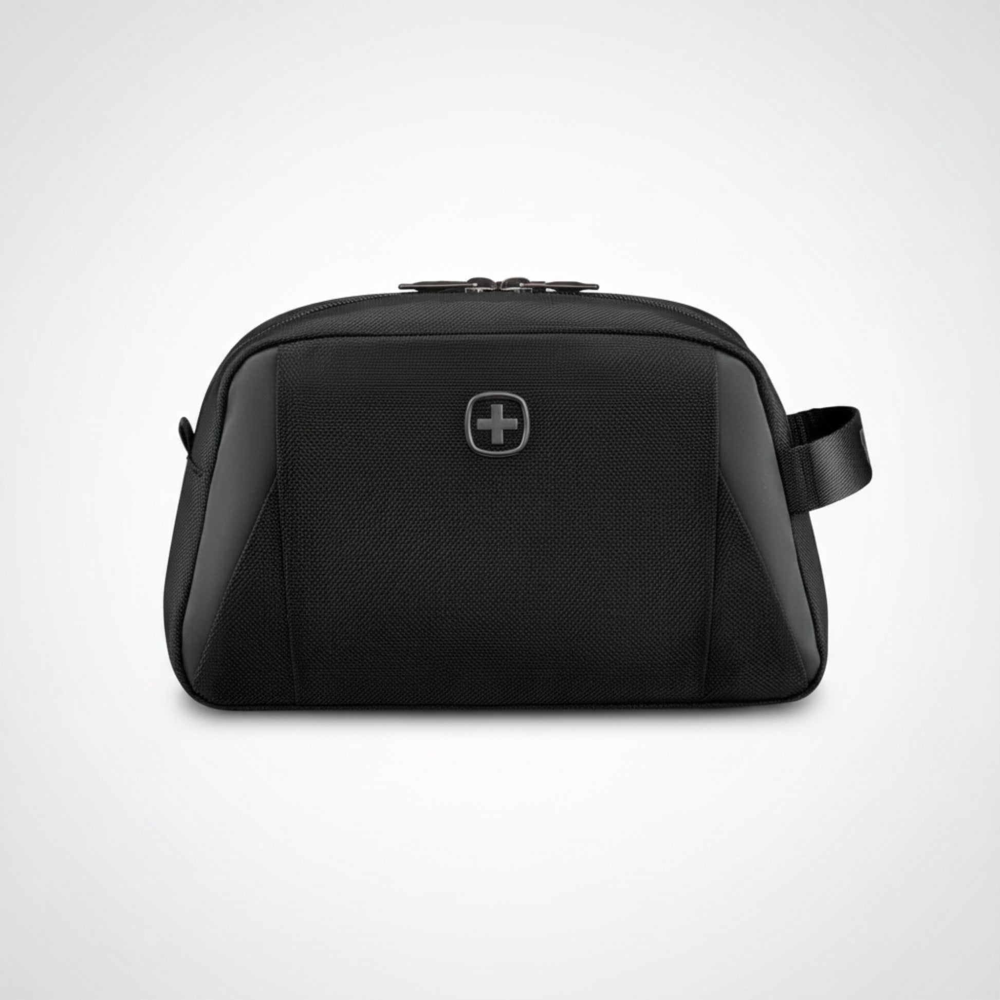 Black toiletry bag with a brand logo on a white background