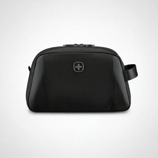 Black toiletry bag with a brand logo on a white background