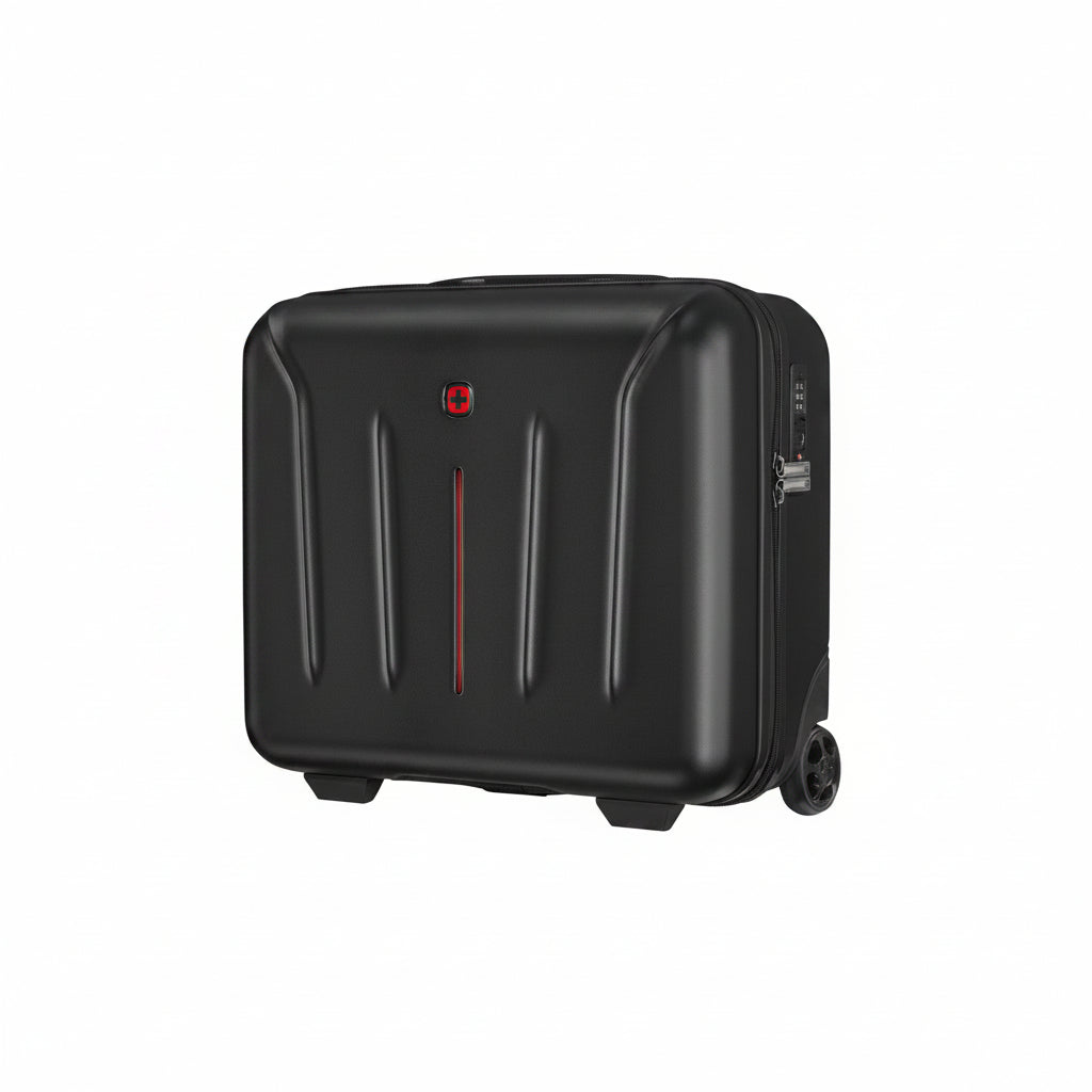 Black suitcase with a red logo on a white background