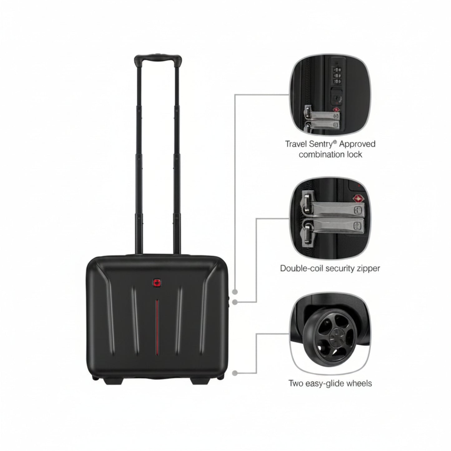 Black suitcase with features highlighted on a white background