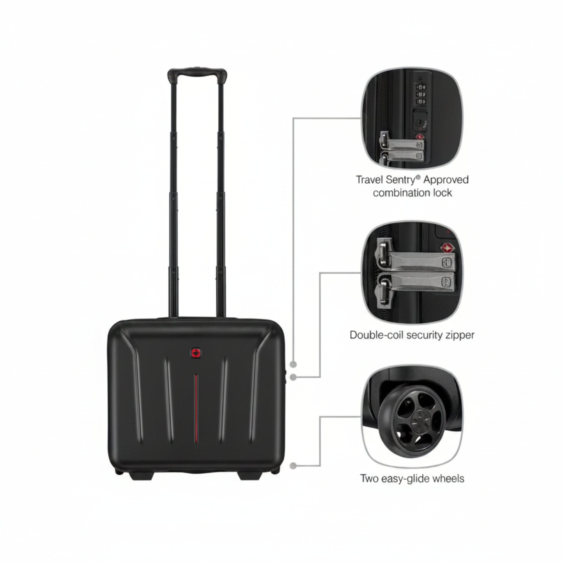 Black suitcase with features highlighted on a white background
