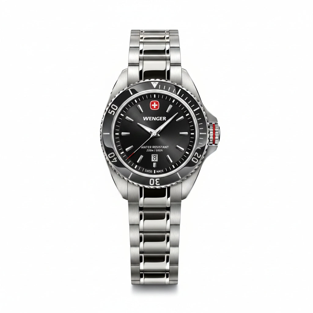 W Wenger watch with black dial and silver metal bracelet on a white background