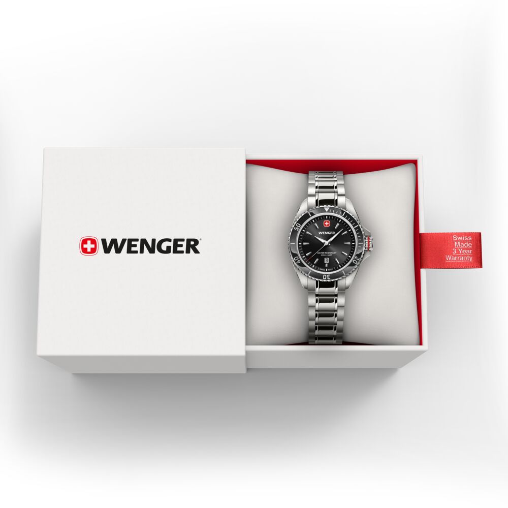 Wenger watch in a white box with a red accent on a white background