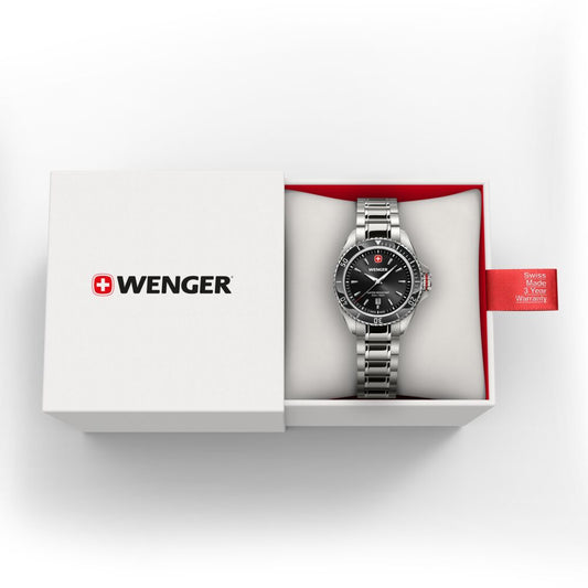 Wenger watch in a white box with a red accent on a white background