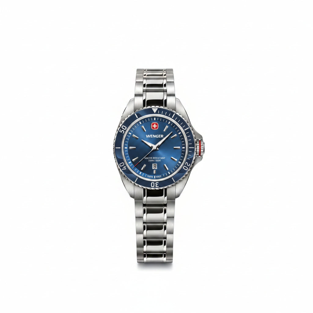W Wenger watch with blue dial and silver metal bracelet on white background