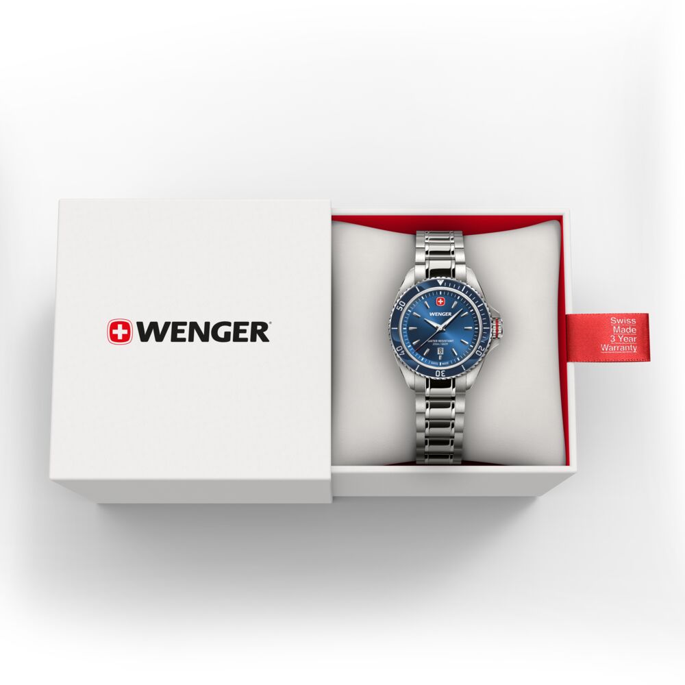 Wenger watch in a white box with a red interior on a light gray background