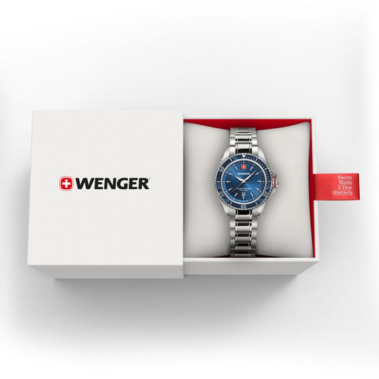 Wenger watch in a white box with a red interior on a light gray background