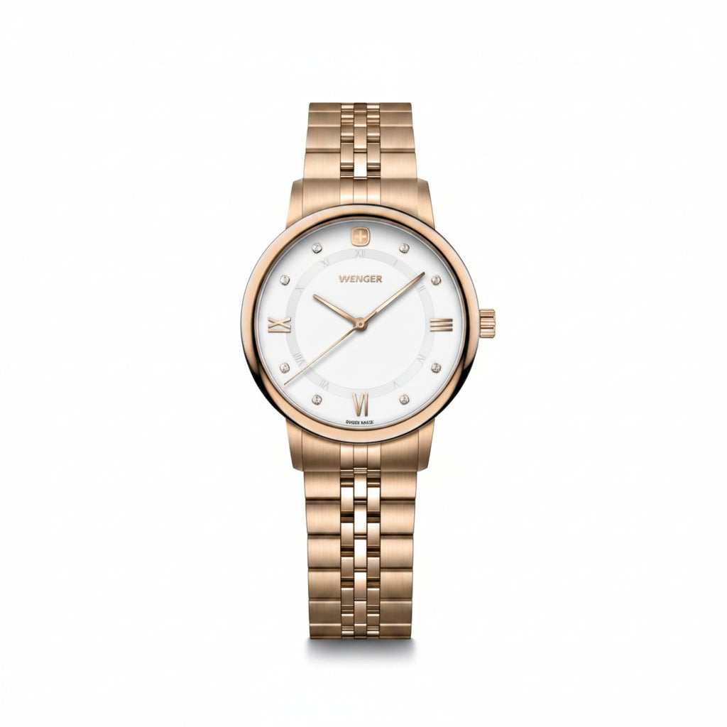 Rose gold watch with white dial on a white background