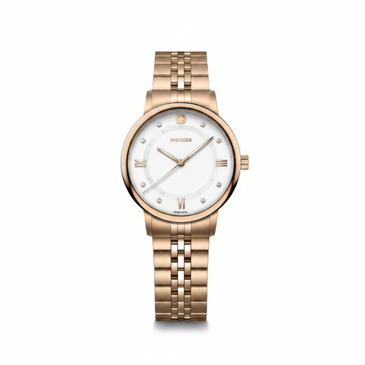 Rose gold watch with white dial on a white background